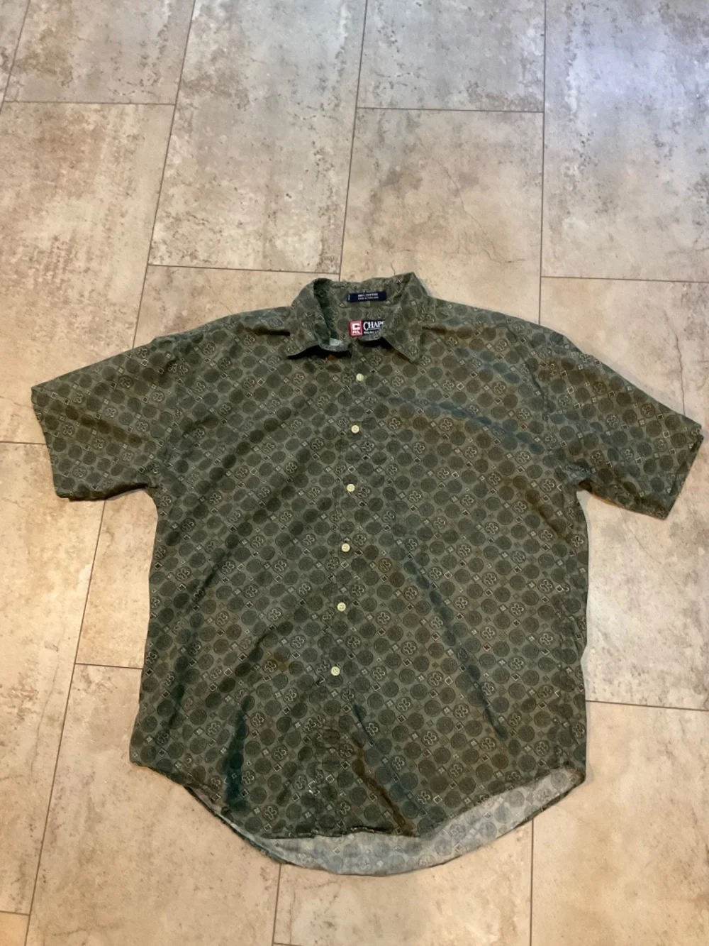 Chaps Ralph Lauren Men’s Shirt L Geometric Print Button Short Sleeve OliveGreen